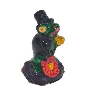 Bullfrog Figurine Dapper Tuxedo Frog Top Hat Flowers Vintage Halloween Folk Art